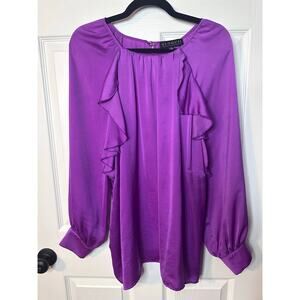 Eloquii Shirt sz 20 Purple long sleeve with Ruffled Front Satin look